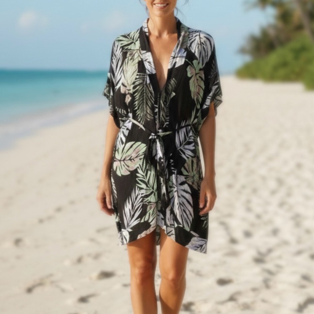 VICI Tropical Palm Print Belted Kimono Swim Coverup Dress Top Brown Green S